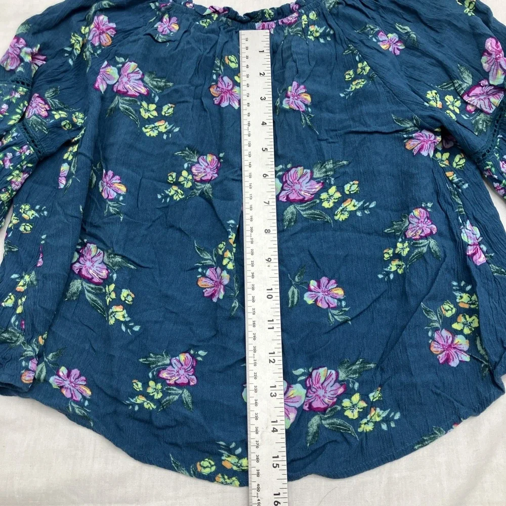 Justice Shirt Girls M/10 Teal Floral Long Sleeve Crochet Peasant Top Boho